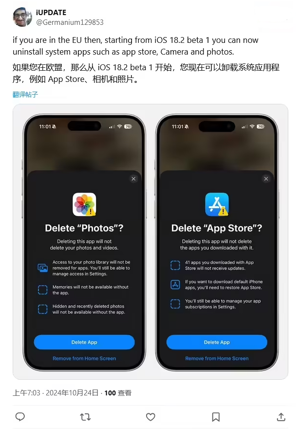 马湾镇苹果手机维修分享iOS 18.2 支持删除 App Store 应用商店 