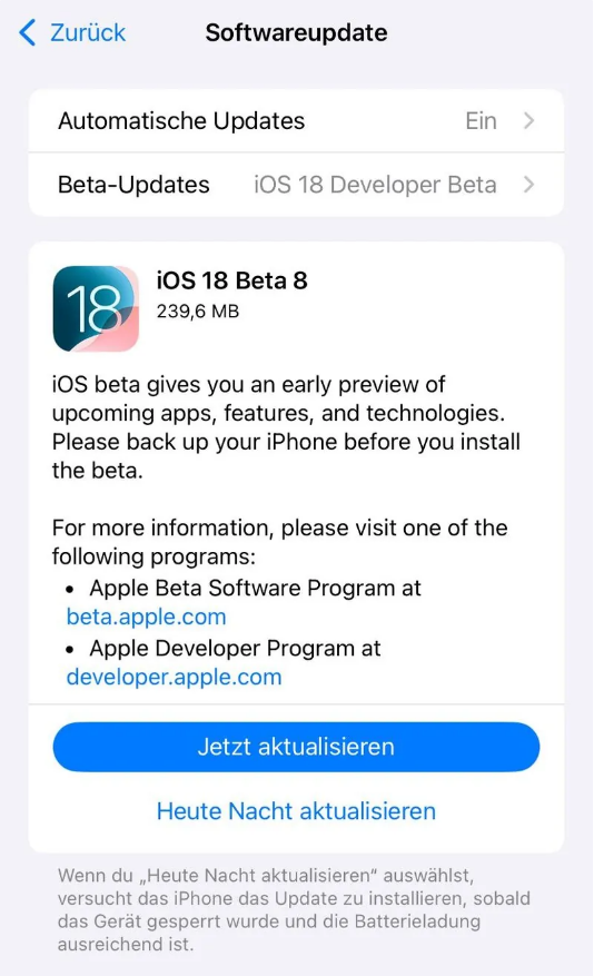 马湾镇苹果手机维修分享苹果 iOS / iPadOS 18 开发者预览版 Beta 8 发布 